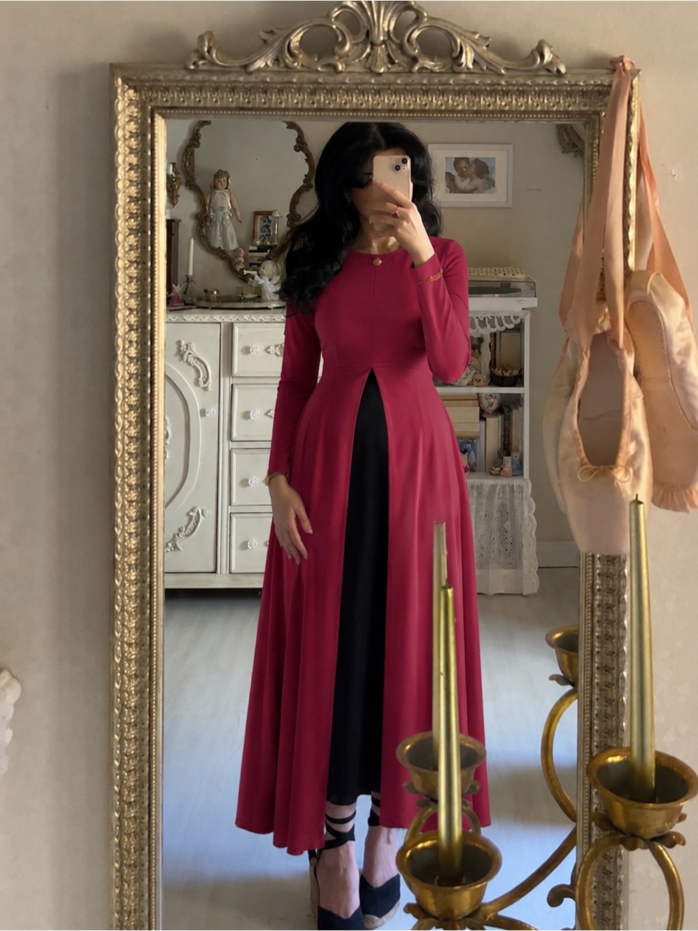 SHEIN Raspberry Pink Long-Sleeve Maxi Dress with Black Panel